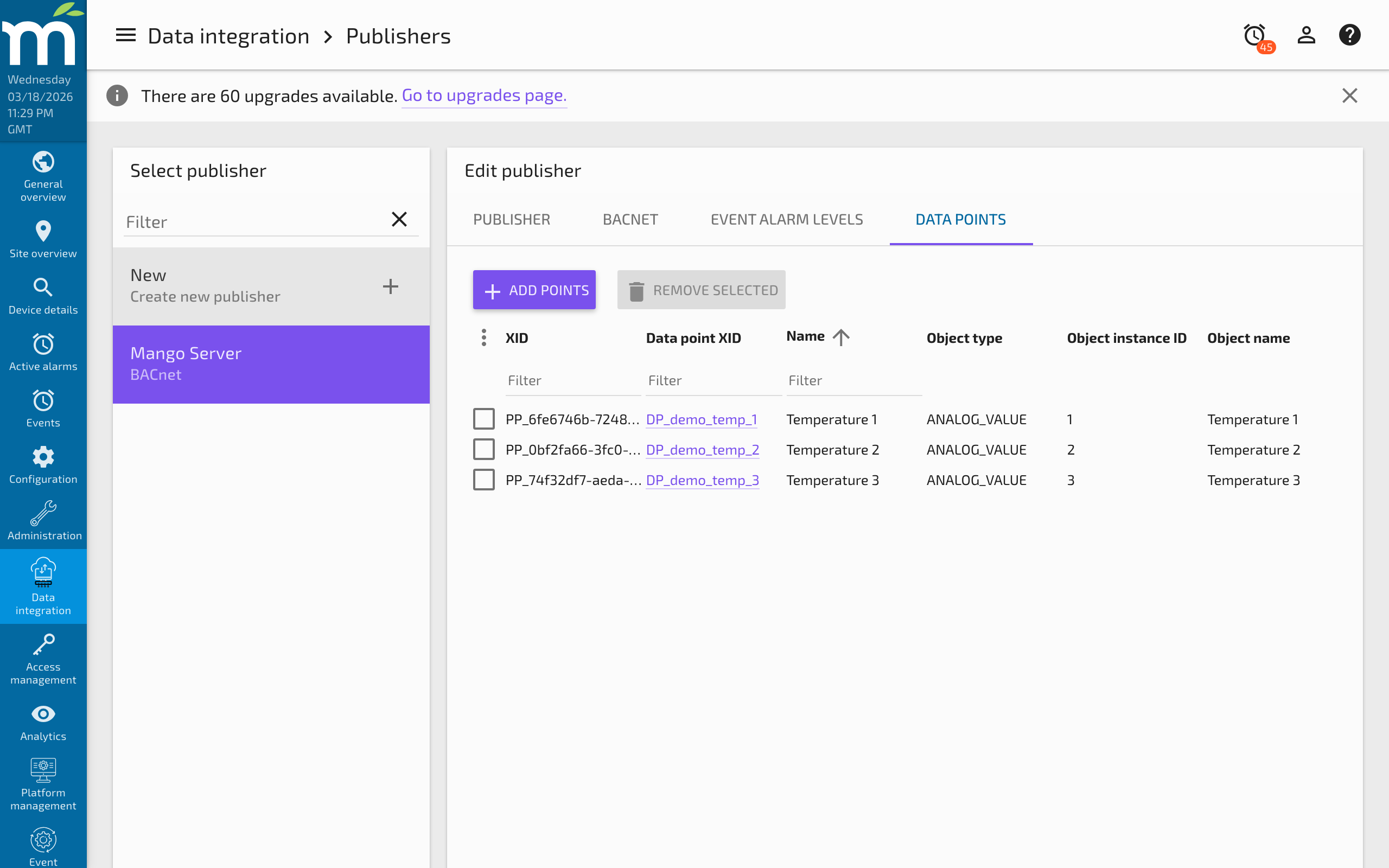 BACnet publisher point configuration showing object mapping