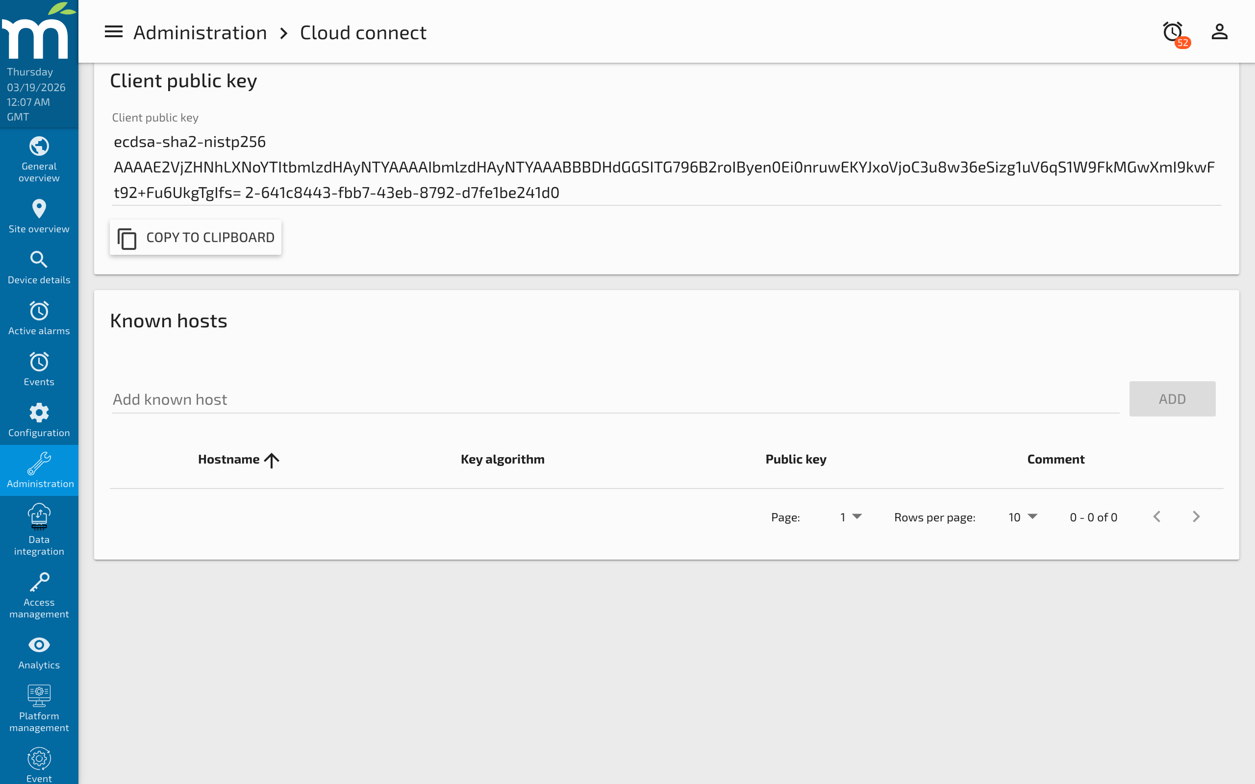 The Cloud Connect client tab showing the public key and Copy to Clipboard button