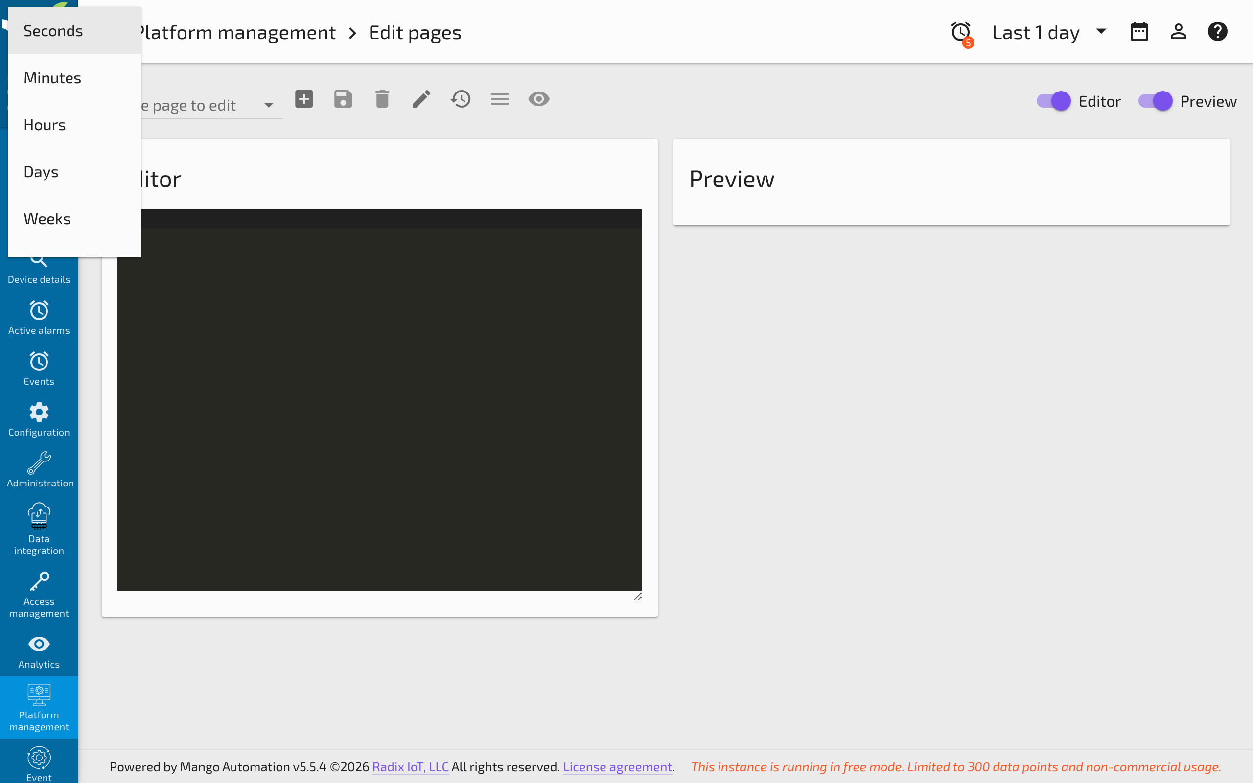 The Page Editor split view with code editor on the left and live preview on the right