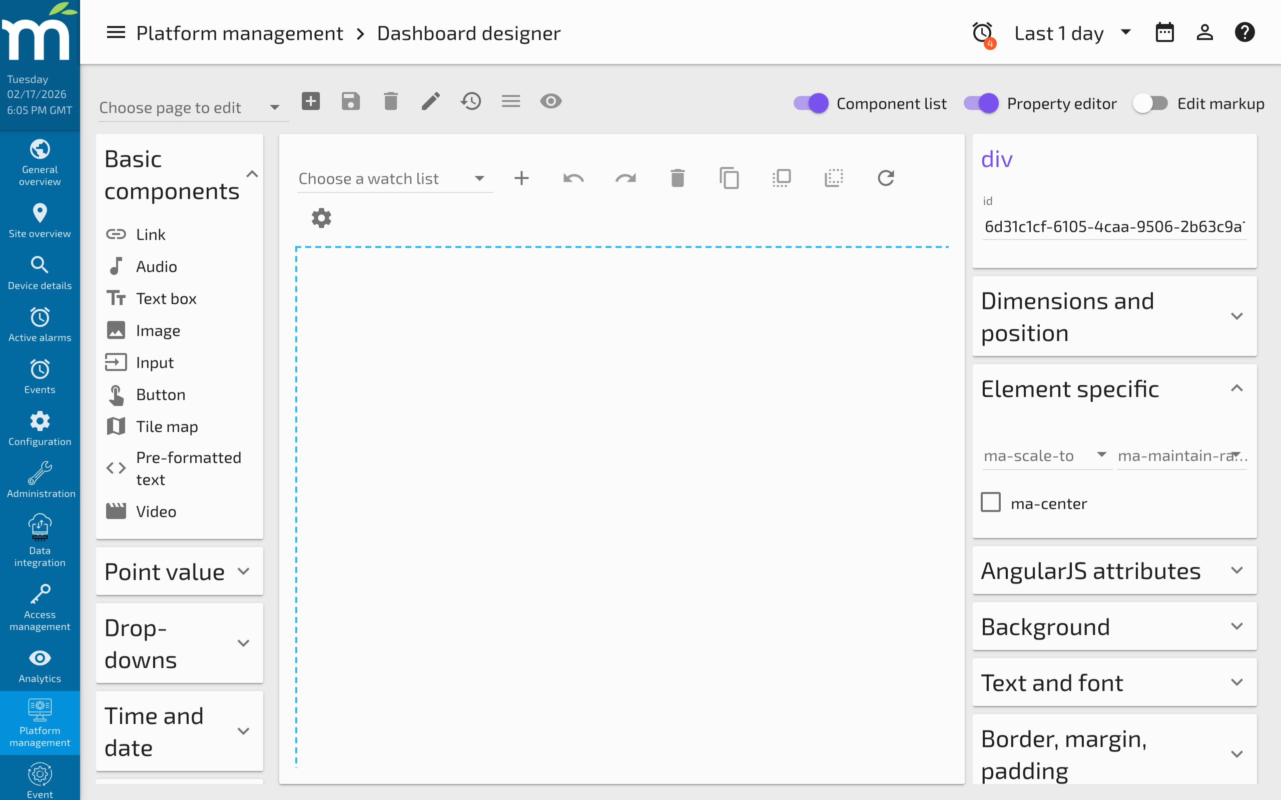 The component library panel showing expandable categories like Charts, Date/Time, Buttons, and HTML Elements