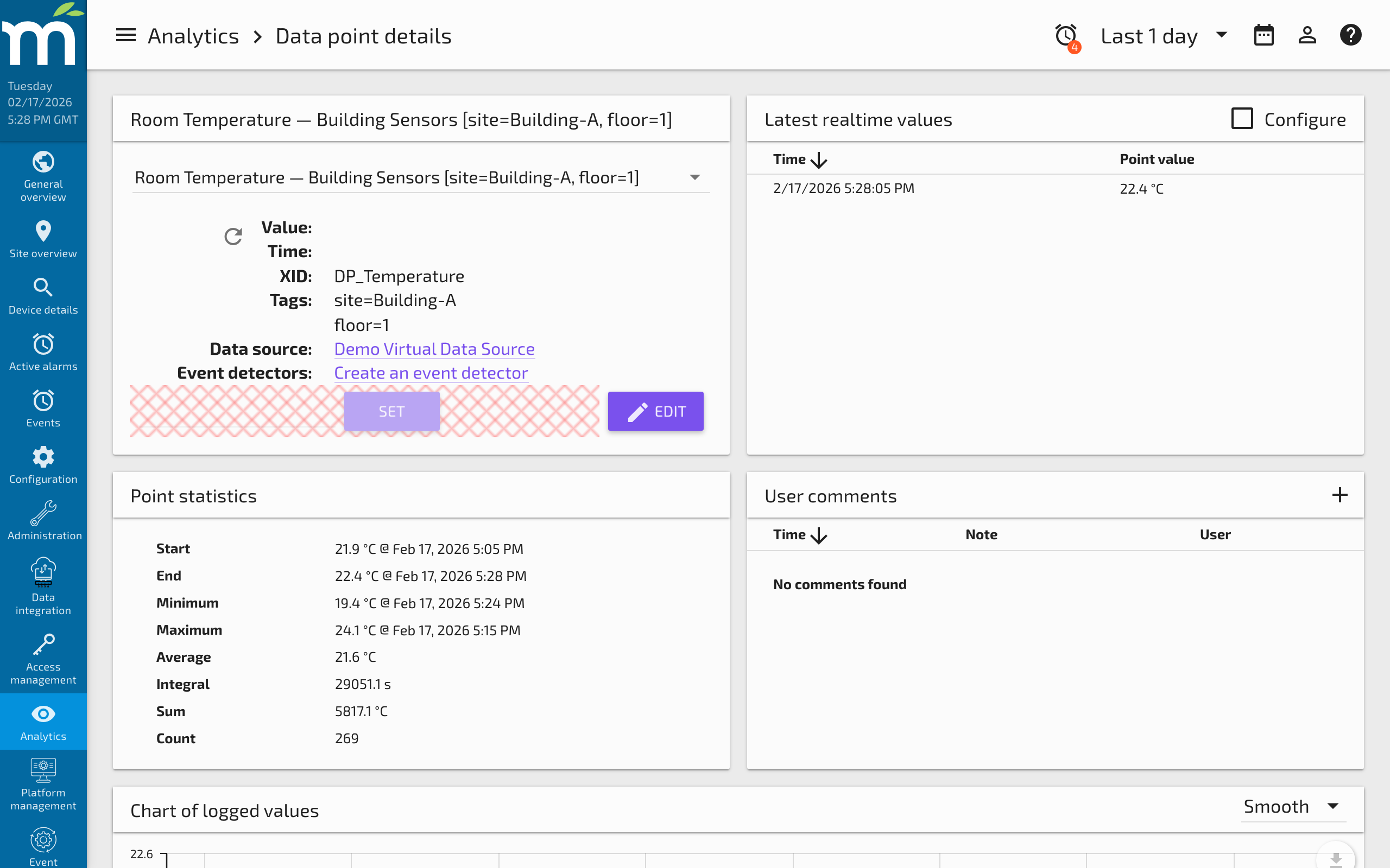 The data point selection card showing name filter, device name, path, and action buttons