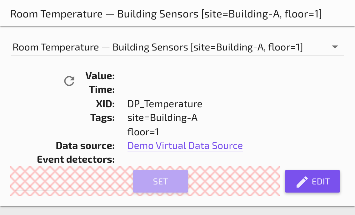 The data point selection card showing name filter, device name, path, and action buttons