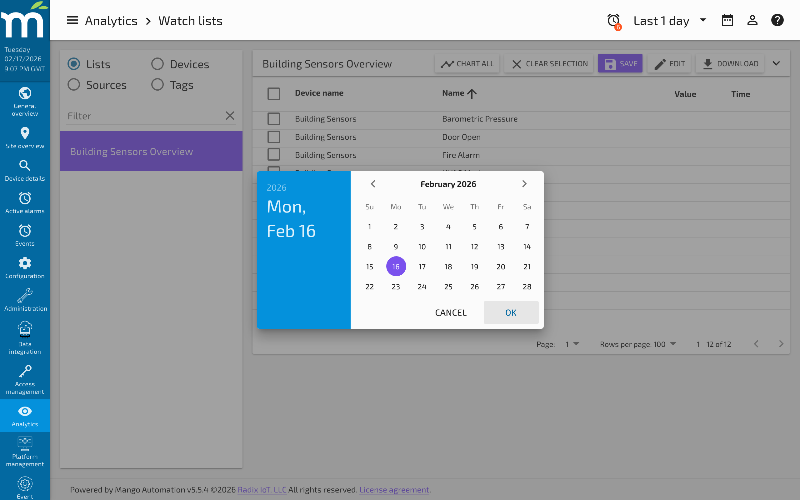 The calendar popup for selecting a date in the Date Bar