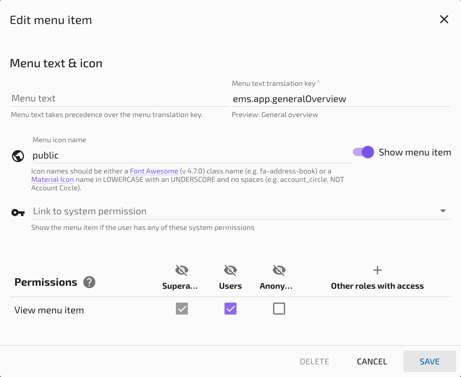 The permission input field in the Edit Menu Item dialog