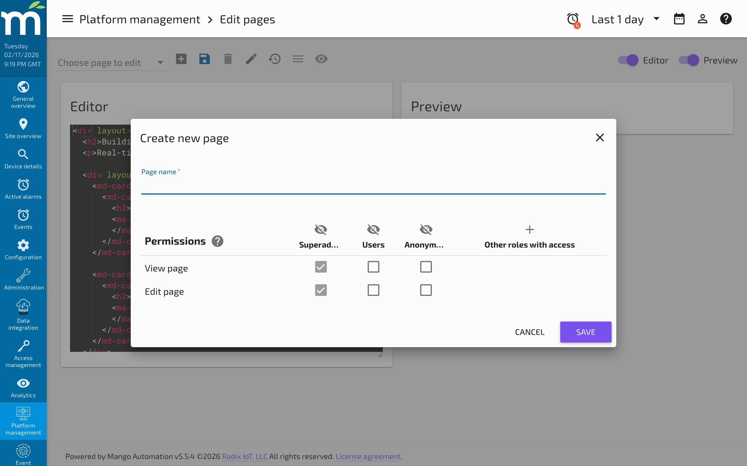 The Edit name and permissions dialog showing Page name, Read permission, and Edit permission fields