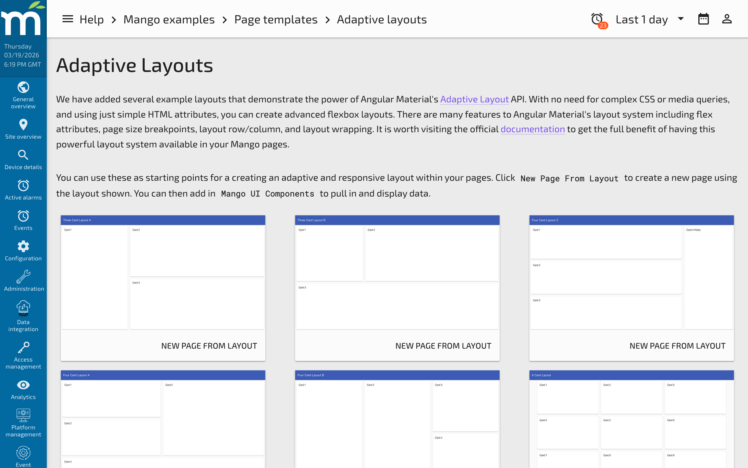 The layout template selector showing available responsive layout options