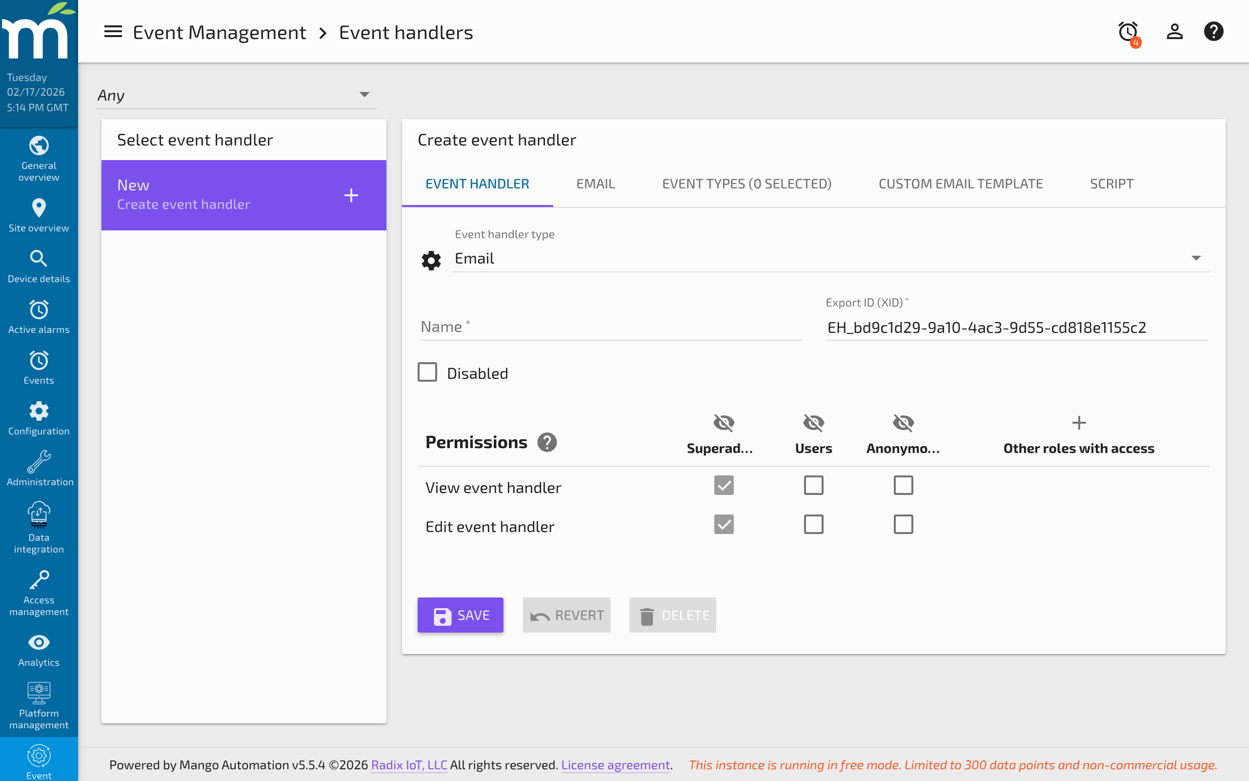Email event handler configuration with recipients and context points