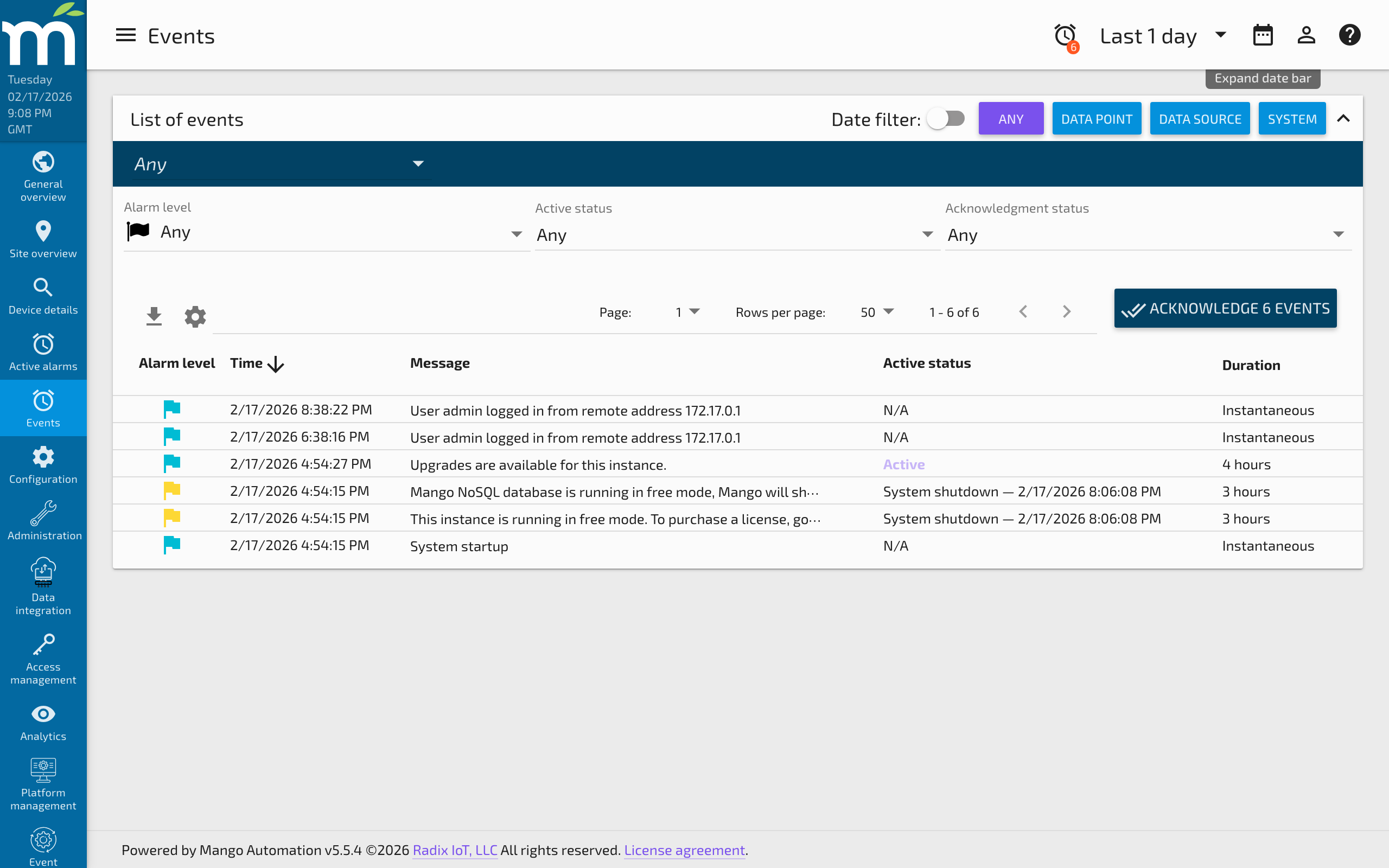The event type filter buttons and alarm level filter dropdown