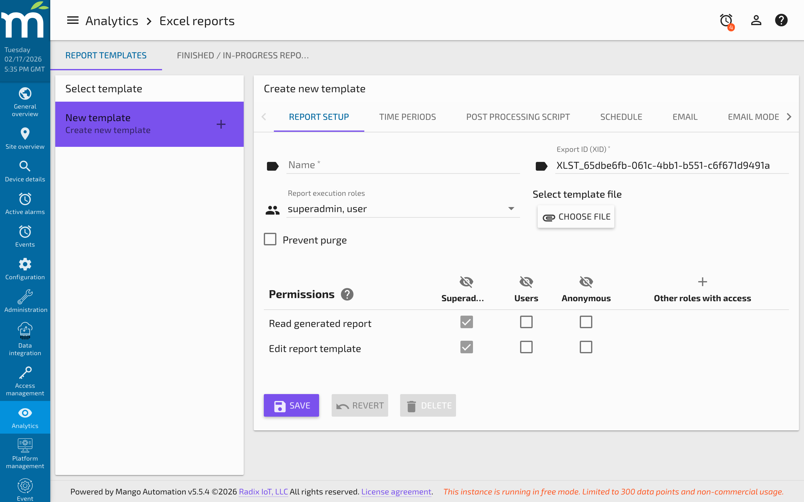 The Excel Reports configuration page showing template name, file upload, and permission fields