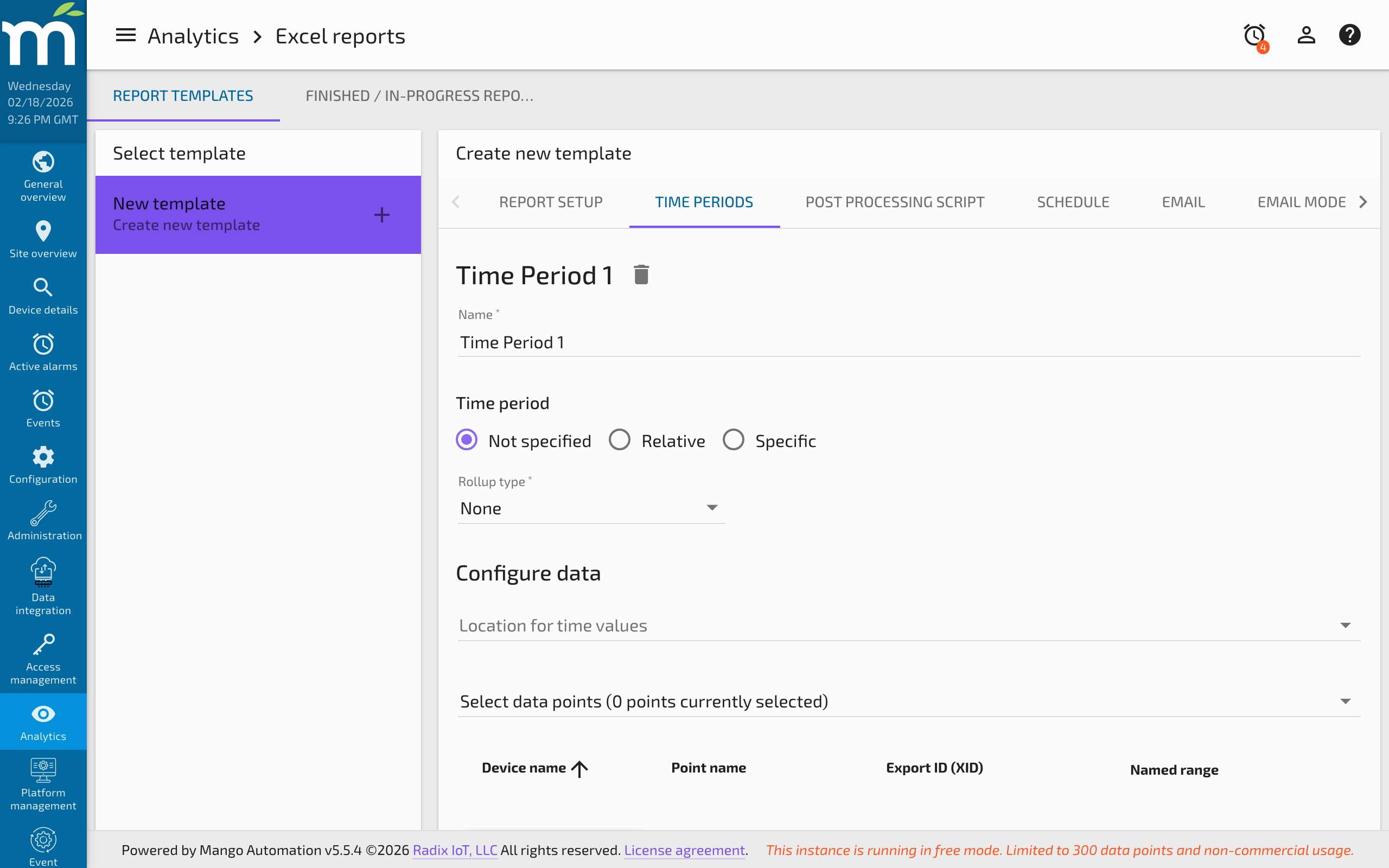 The time periods configuration showing points linked to named ranges with rollup settings