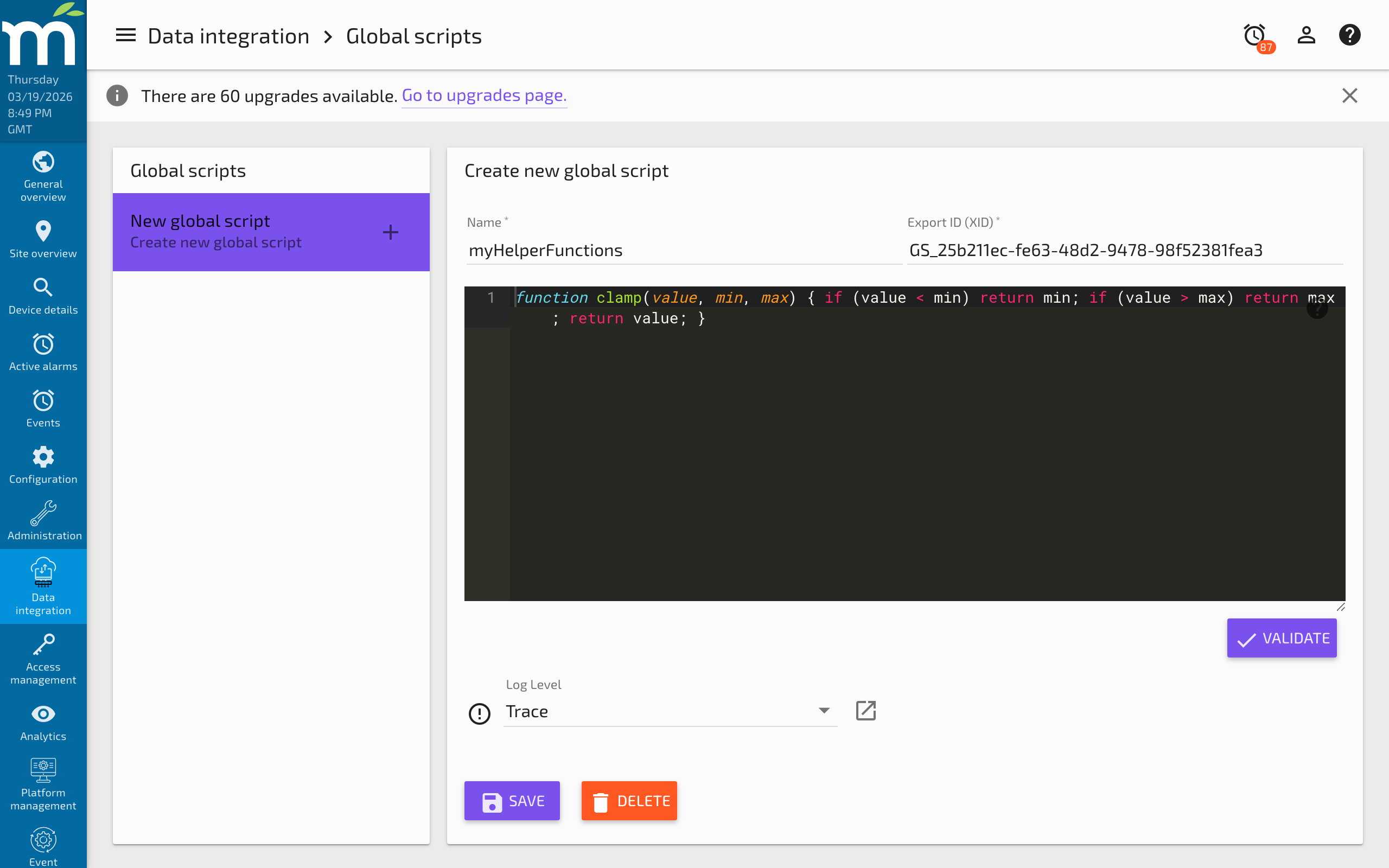 The global scripts administration page showing the script editor and script list