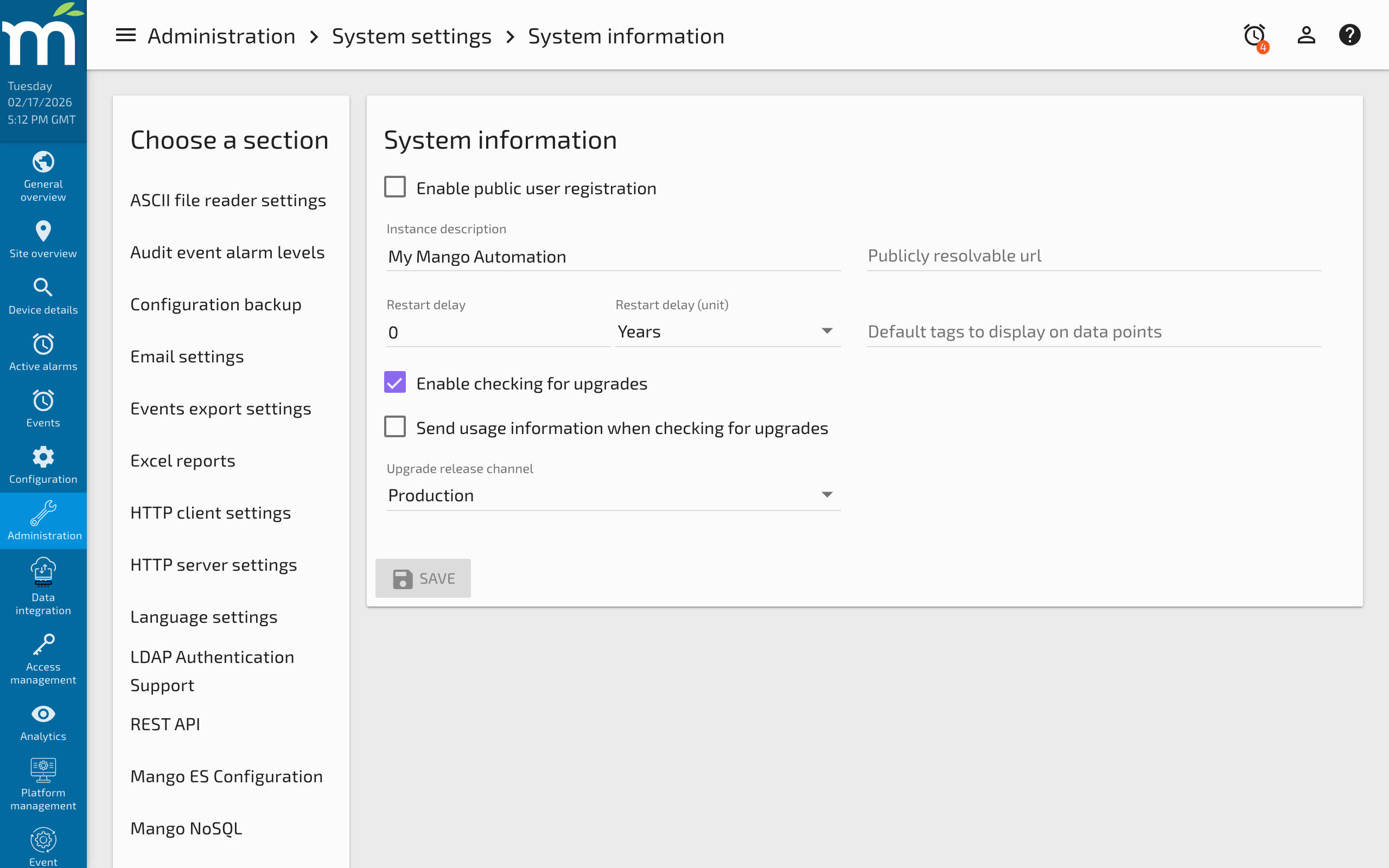 The SQL database backup section in System Settings showing the file selector and Restore database button