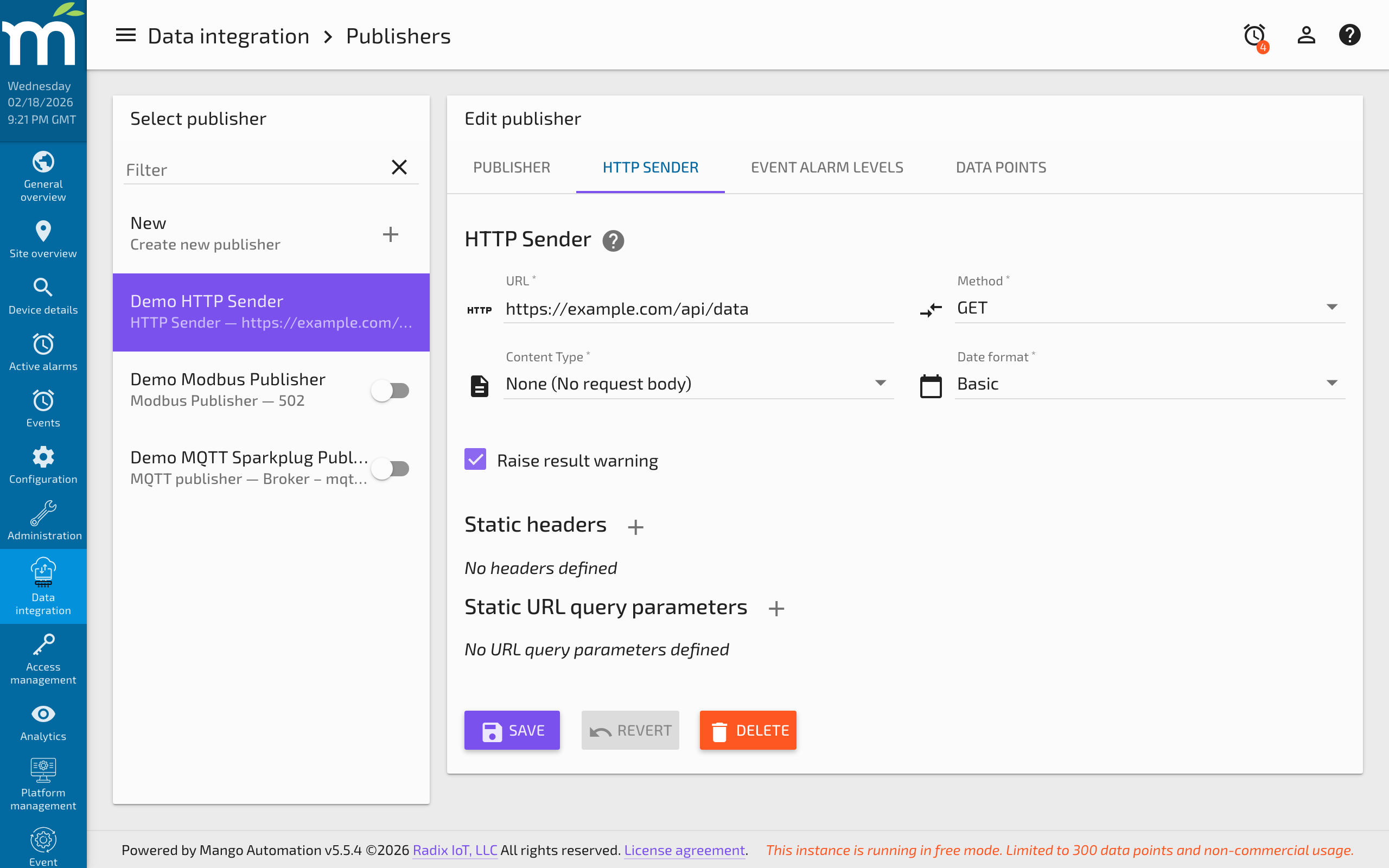 HTTP Sender tab showing URL, method, content type, and header configuration