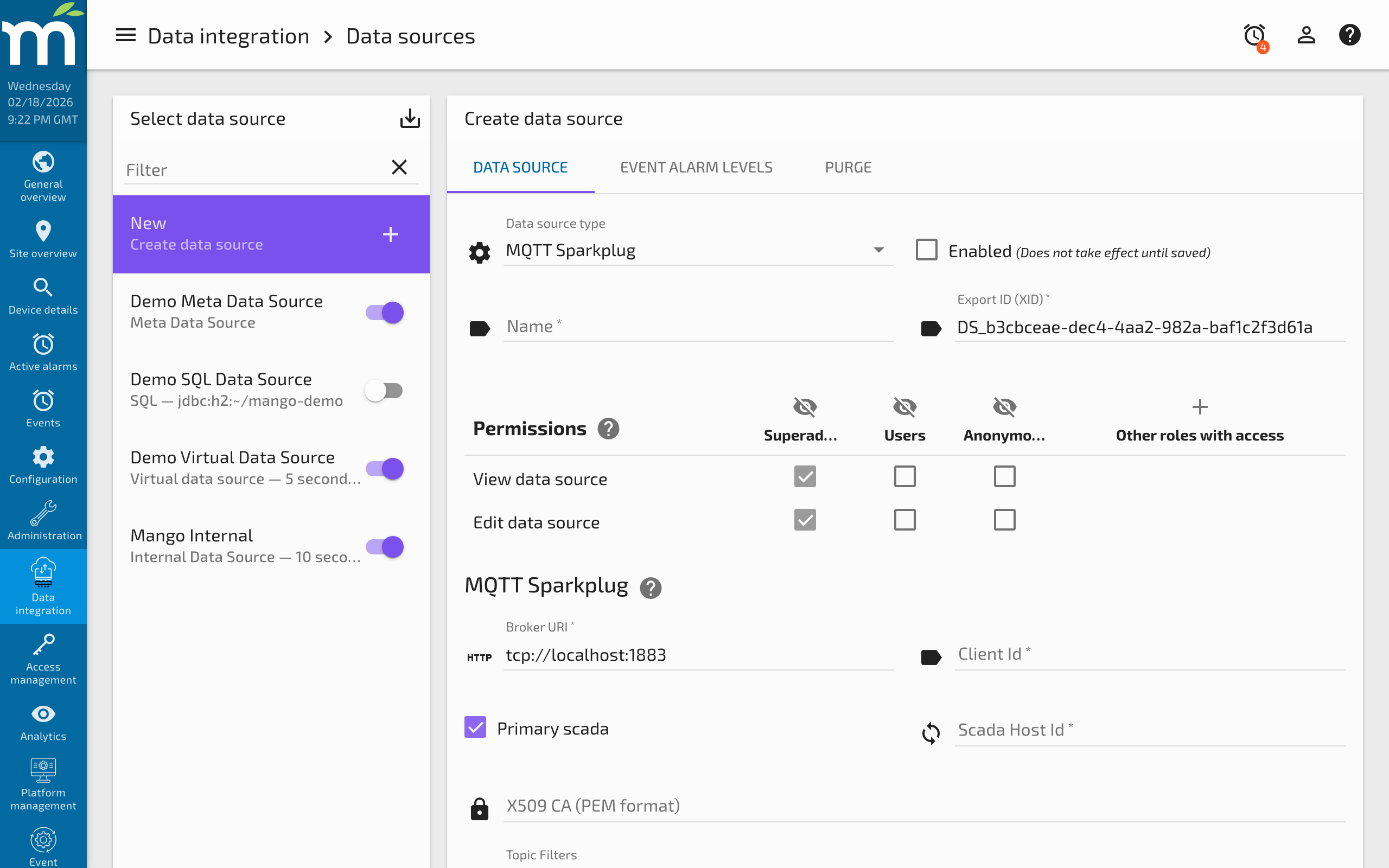 Mango administration menu showing the Data Sources link