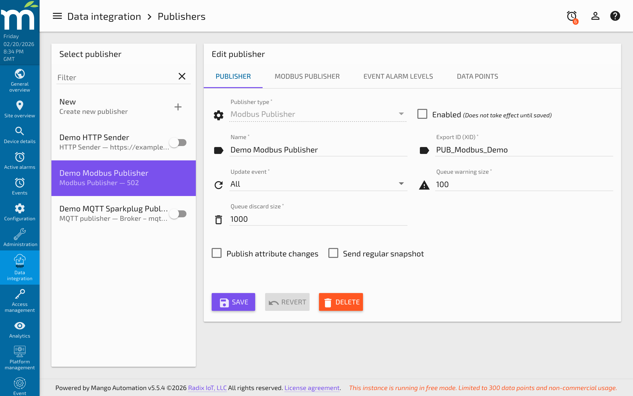 Modbus publisher connection settings for TCP and serial