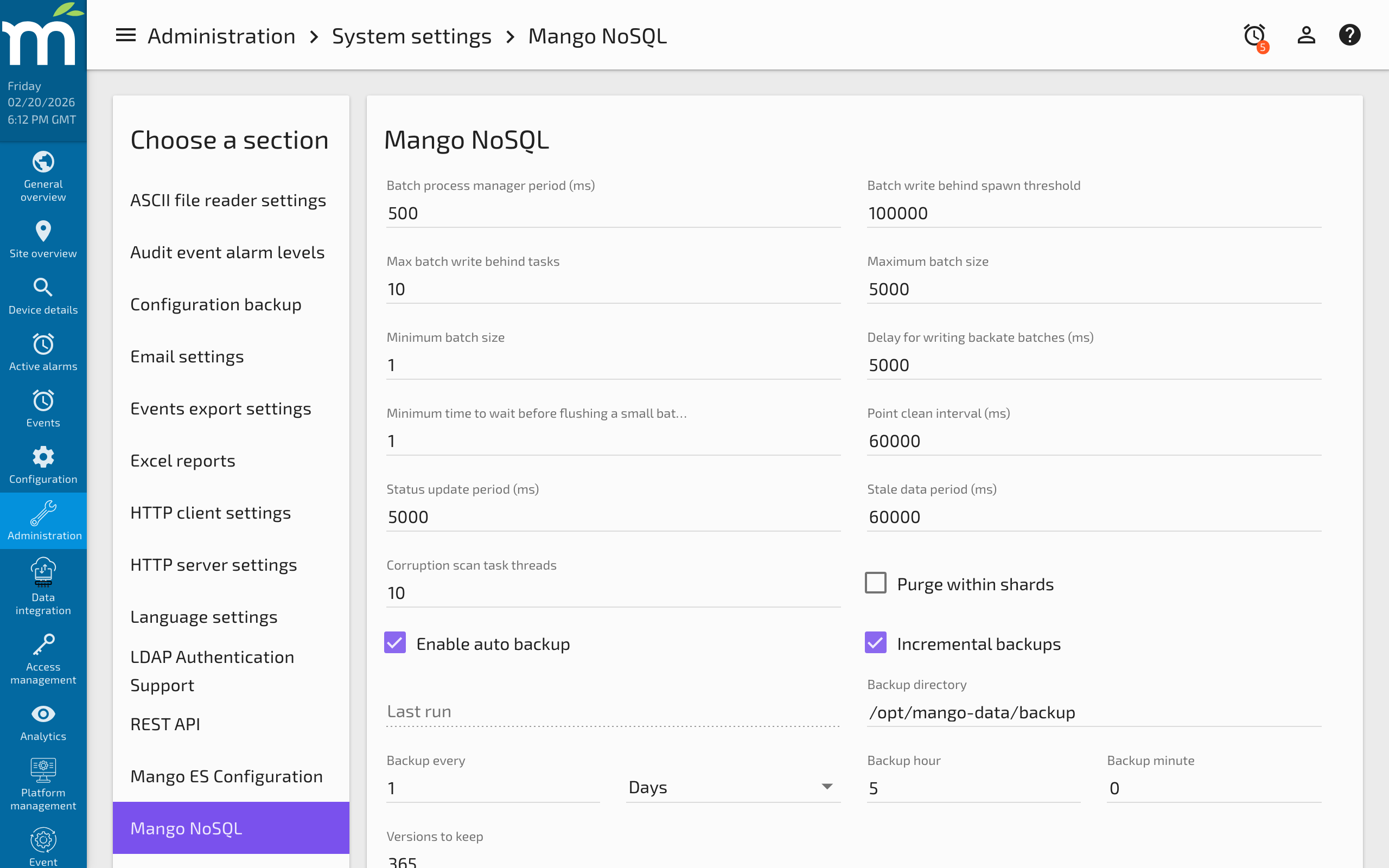 The Mango NoSQL migration page showing the SQL data import form with driver class, connection string, and advanced options