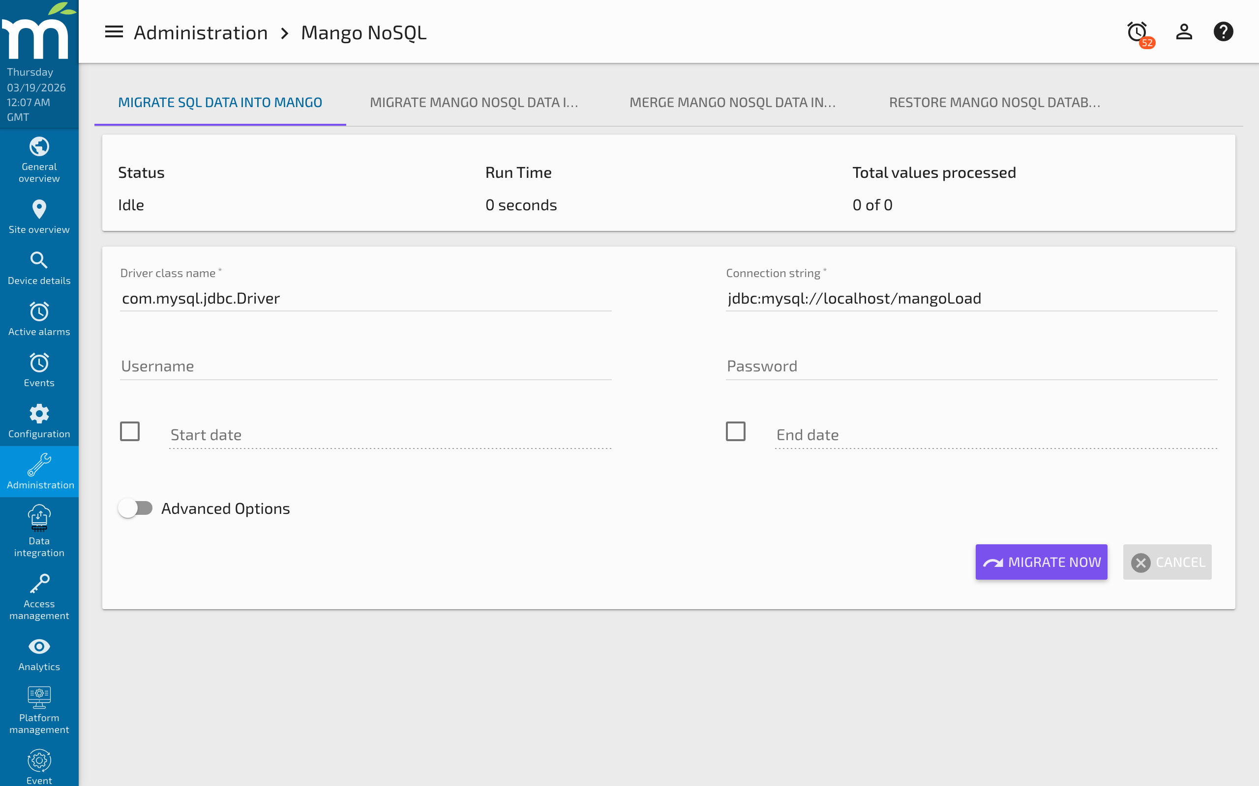The Mango NoSQL migration page showing the SQL data import form with driver class, connection string, and advanced options