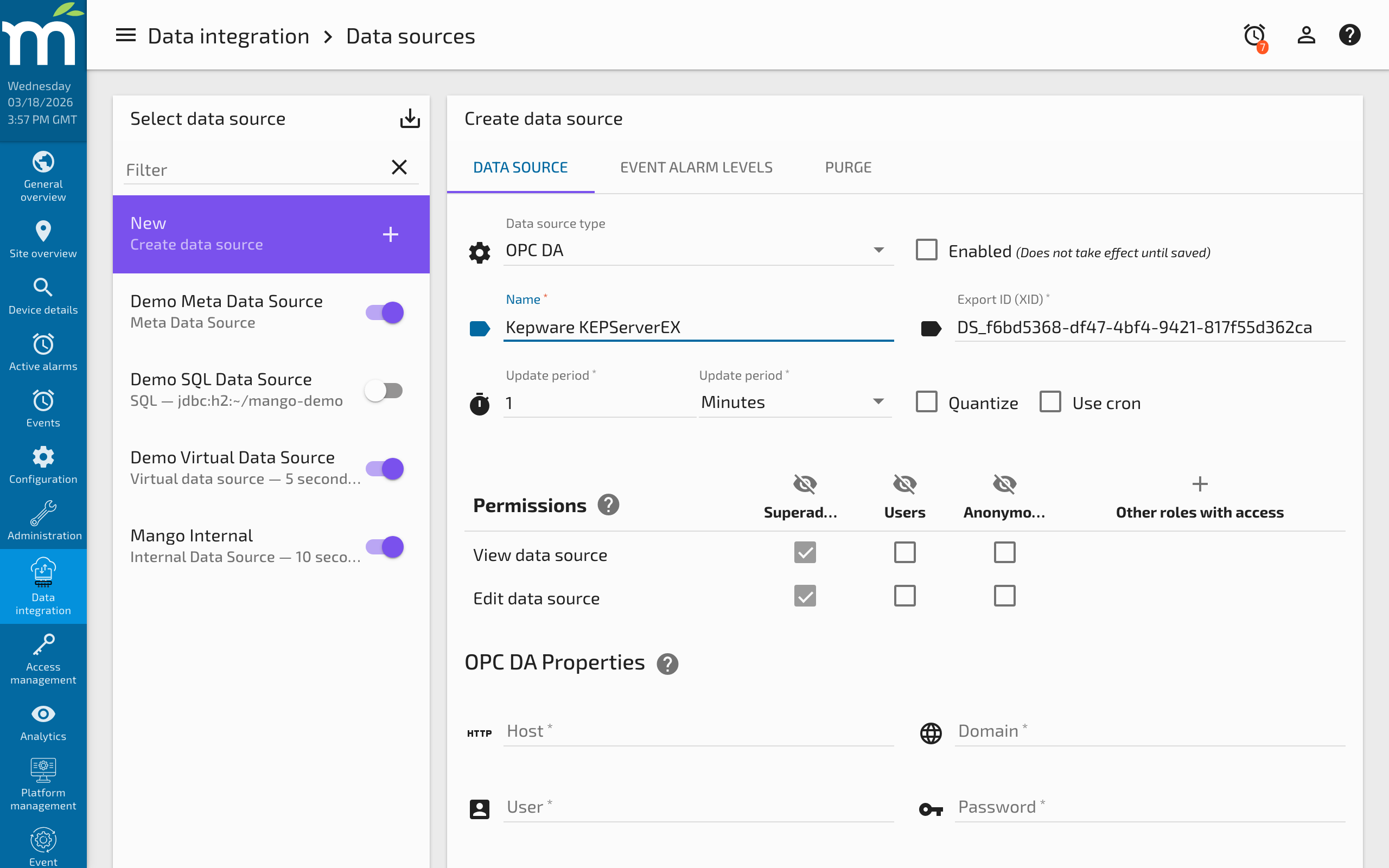 OPC DA data source connection settings with server list dropdown