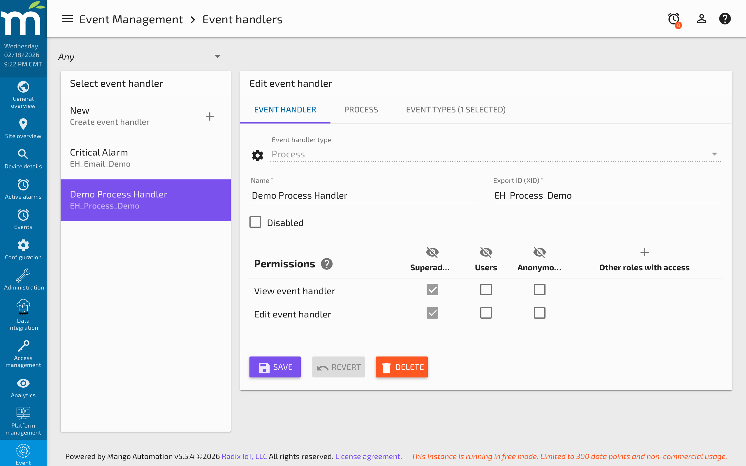 The Process event handler configuration showing active and inactive command fields