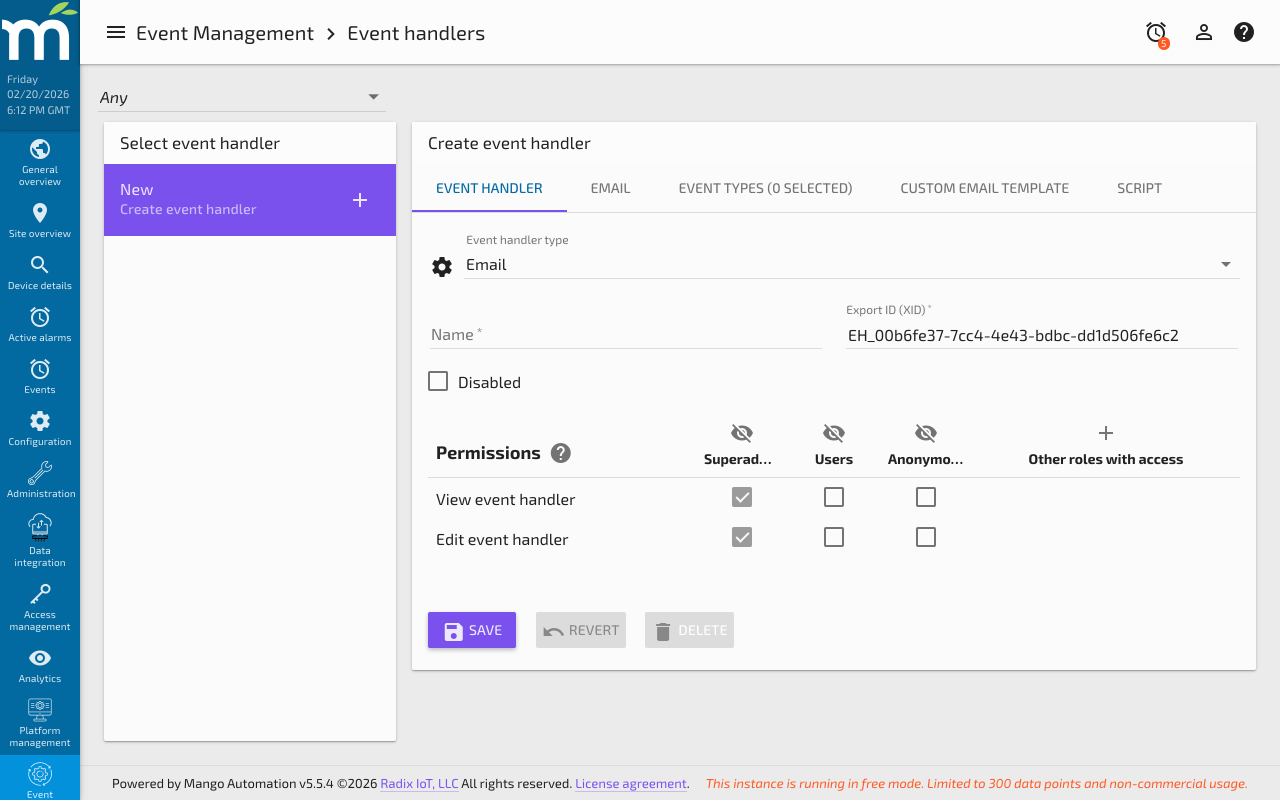 Event type selection showing available event detectors