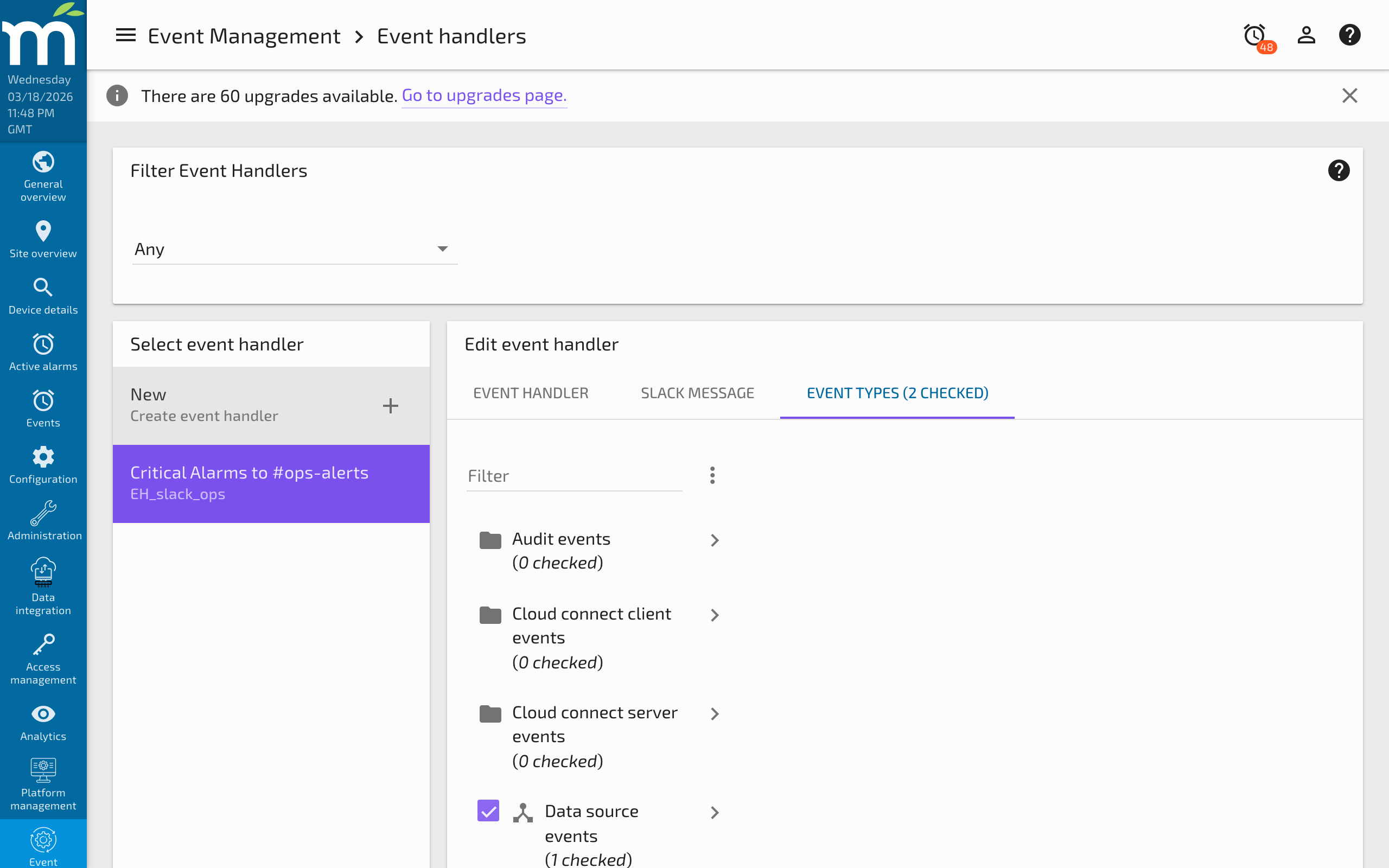 Event type selection for the Slack message handler