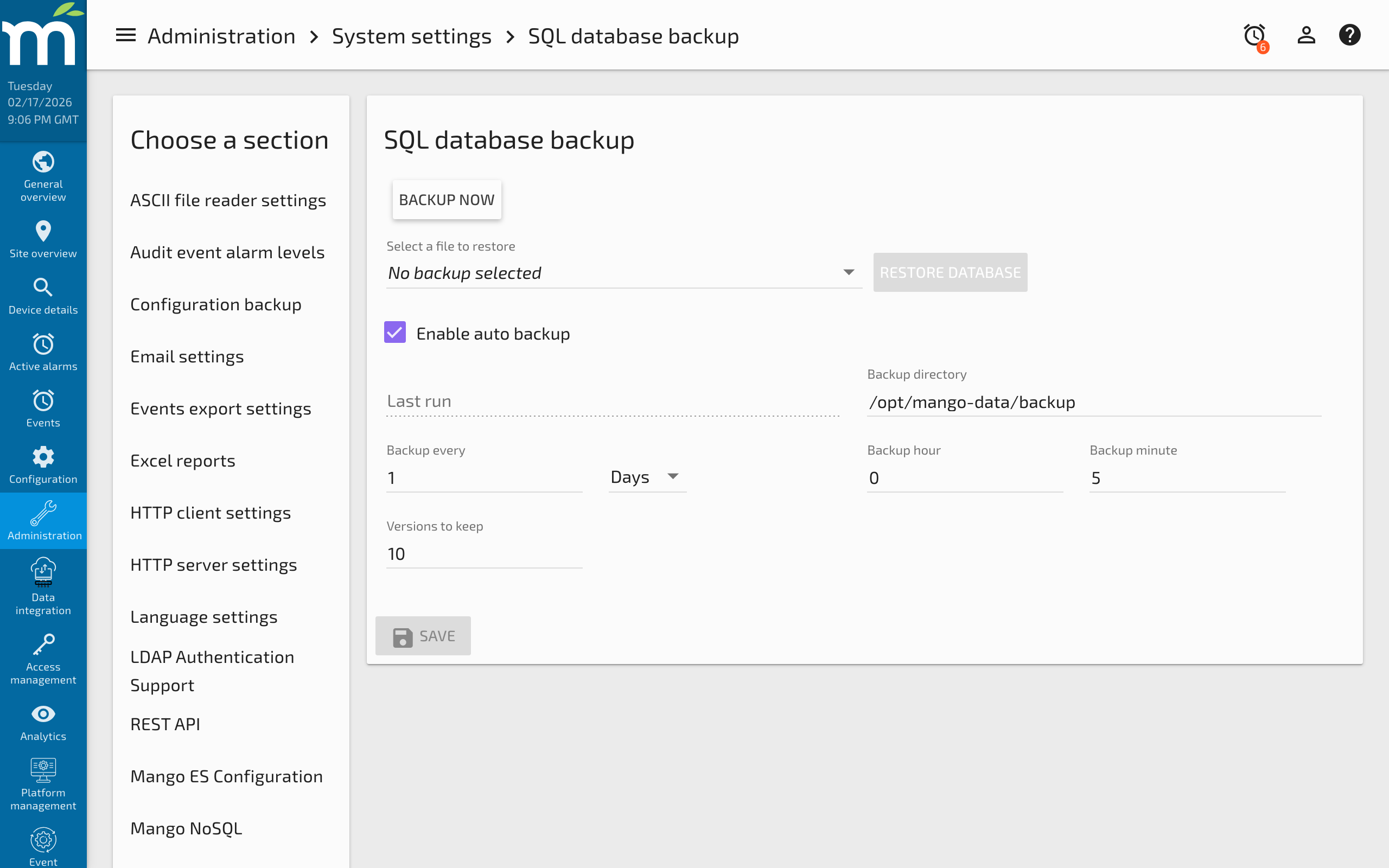 The SQL database backup configuration panel in System Settings