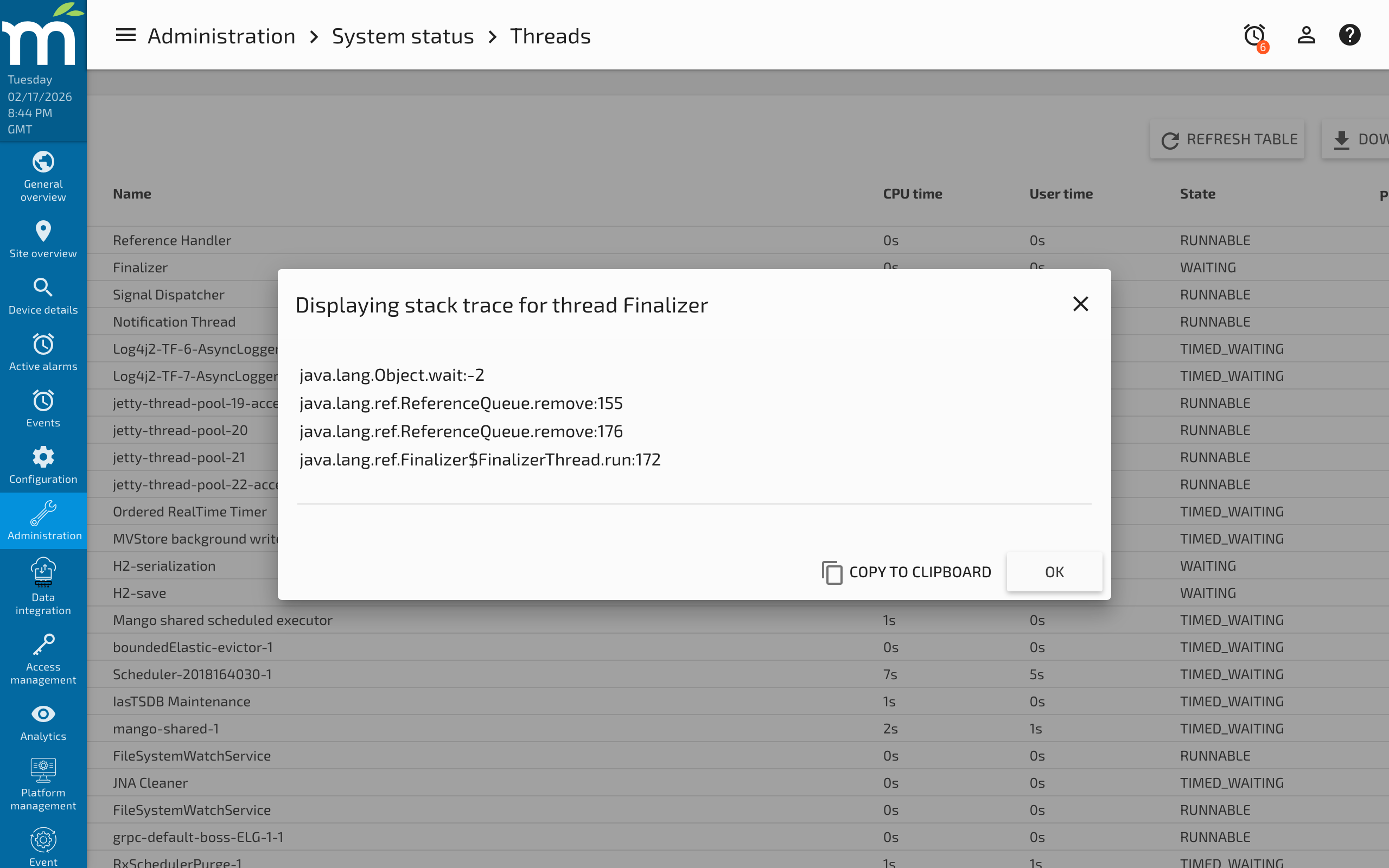 A thread stack trace popup showing the method call chain for a selected thread