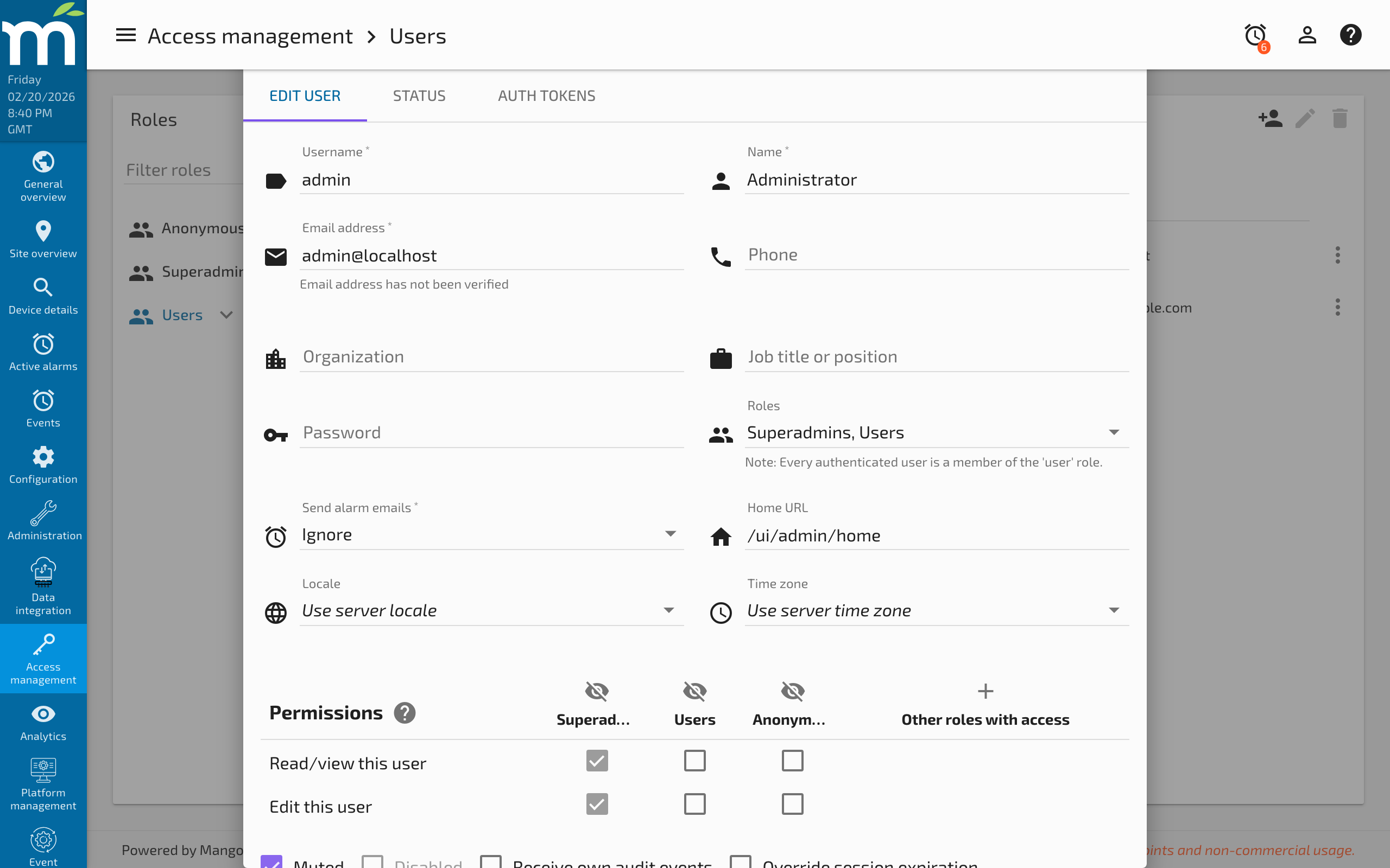 The roles selection field showing assigned roles for a user