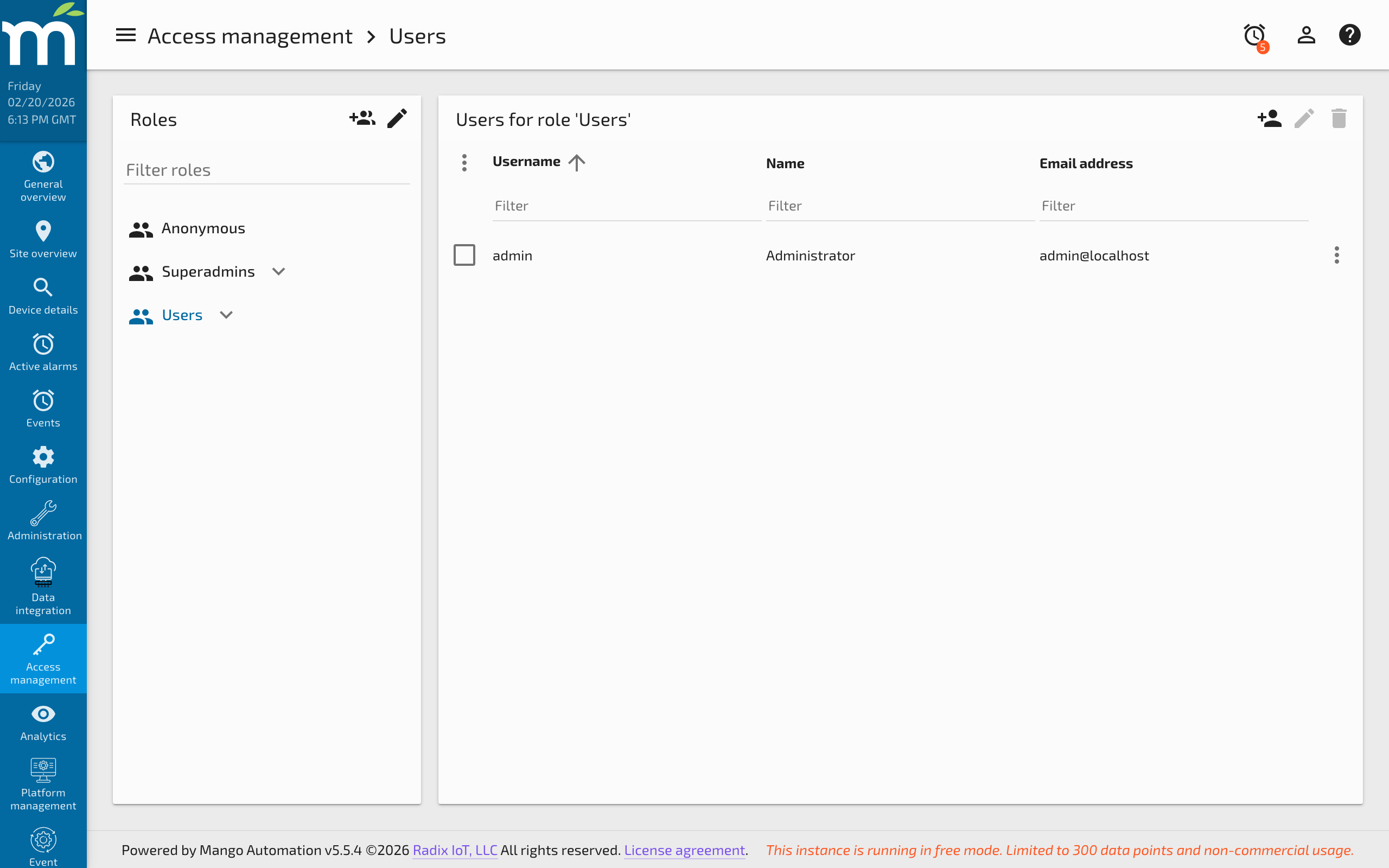 The users list showing available user accounts to select for editing