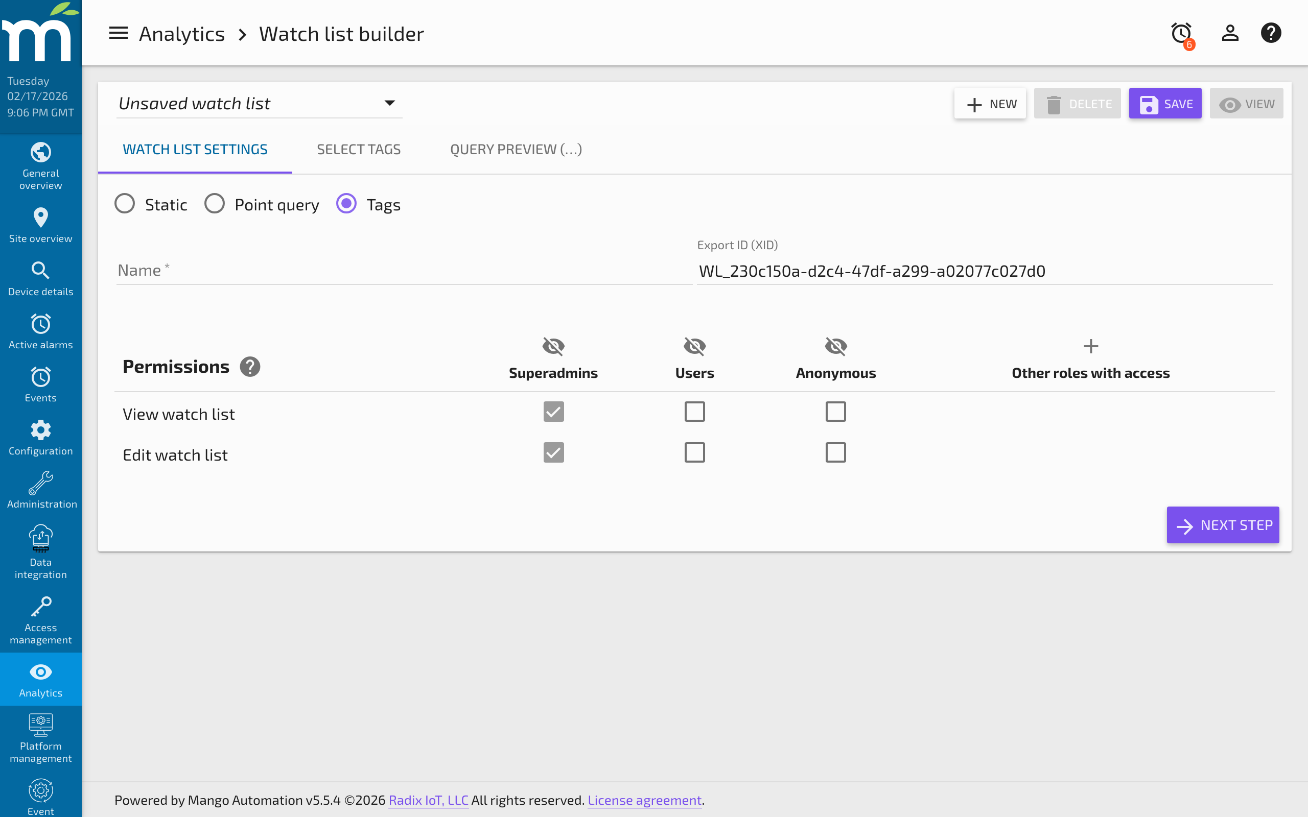 The Watch List Builder showing options for Static, Point Query, and Tags list types