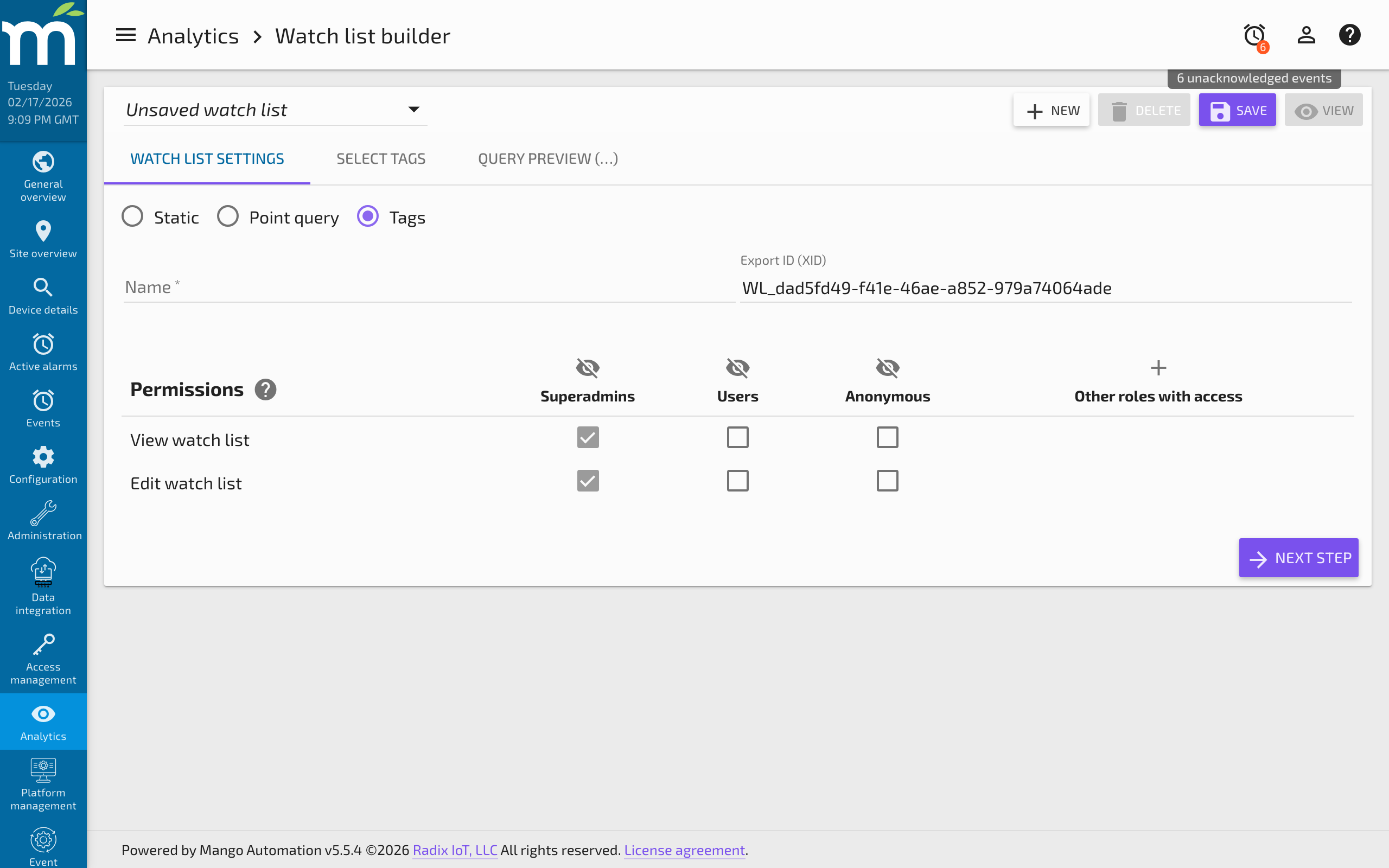 The Watch List Builder header showing the name, XID, permissions, and type selector