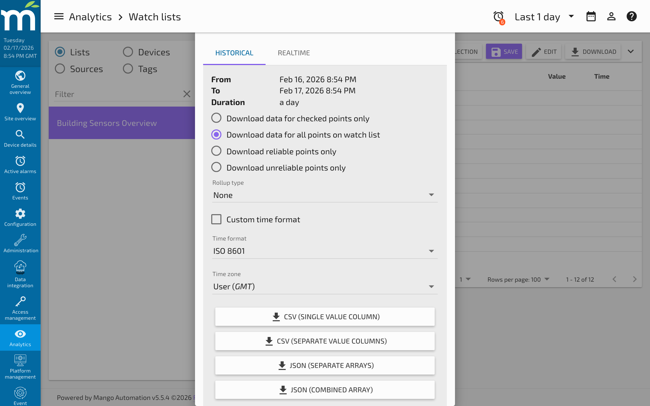 The download point values dialog with rollup and format options