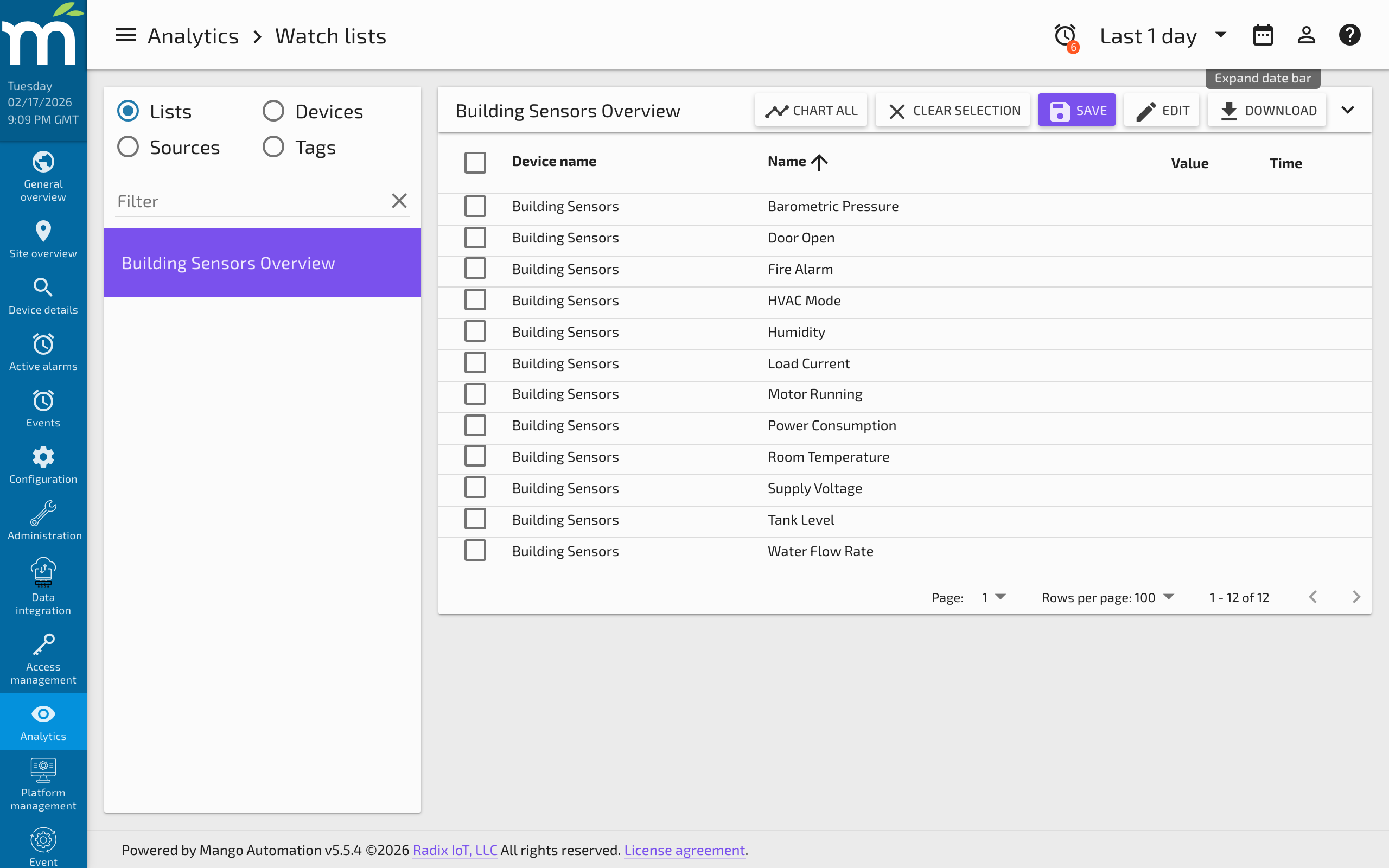 The watch list picker sidebar showing Lists, Devices, Sources, and Tags tabs