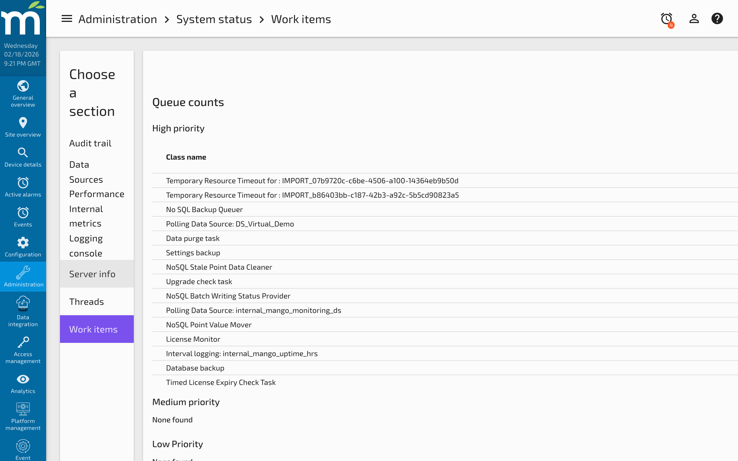 The Running Stats section showing currently executing tasks with their names and durations