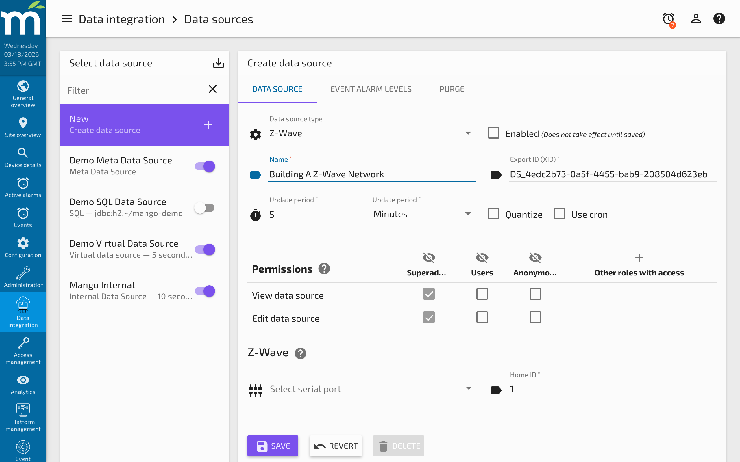 Z-Wave data source configuration form showing controller and network settings